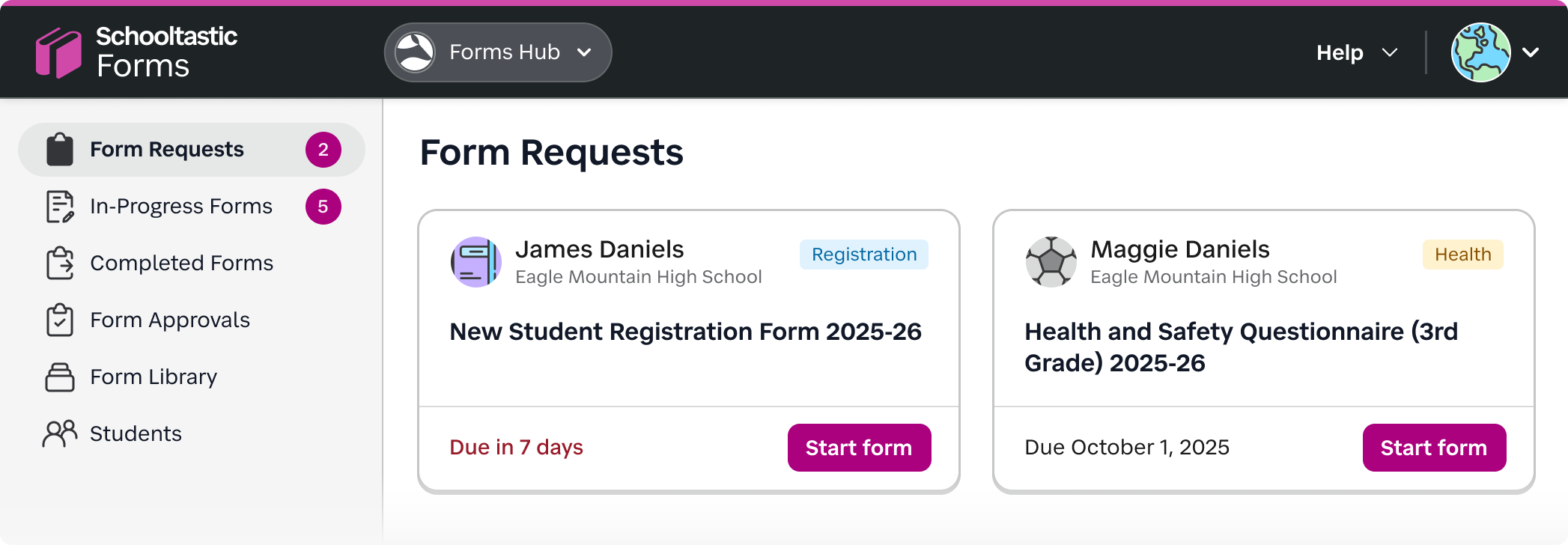 Revised navigation showing the new forms organization by status